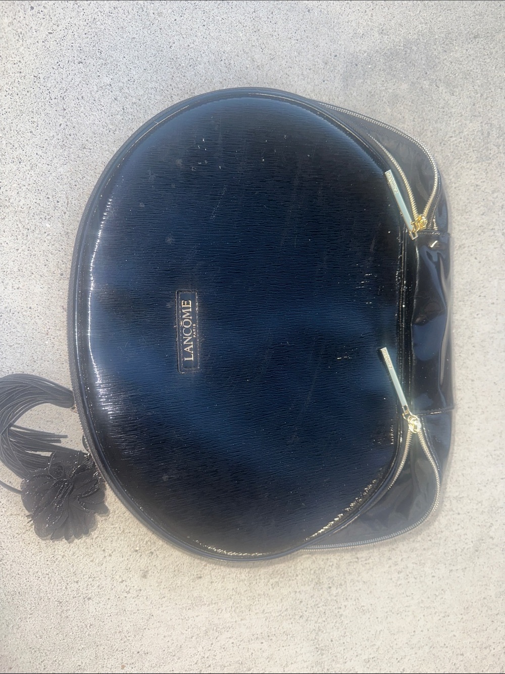 Lancôme Shiny Black Round Patent Makeup Pouch with Gold Accent